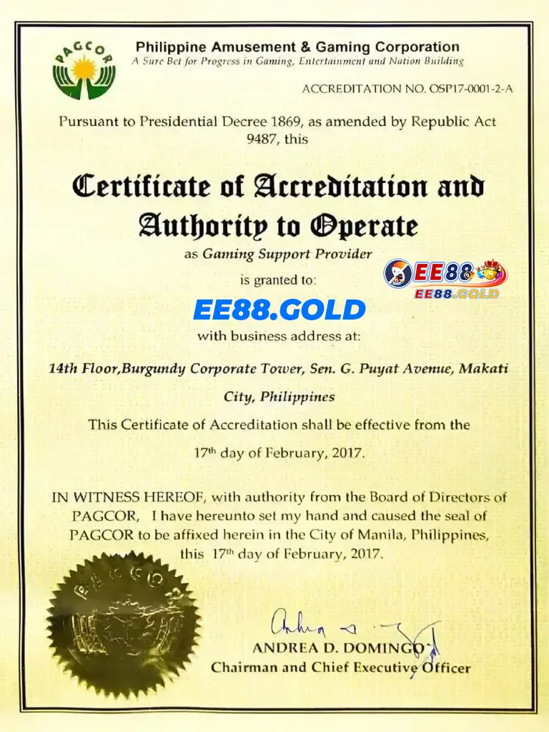 Giấy phép hoạt động PAGCOR hợp pháp của EE88
